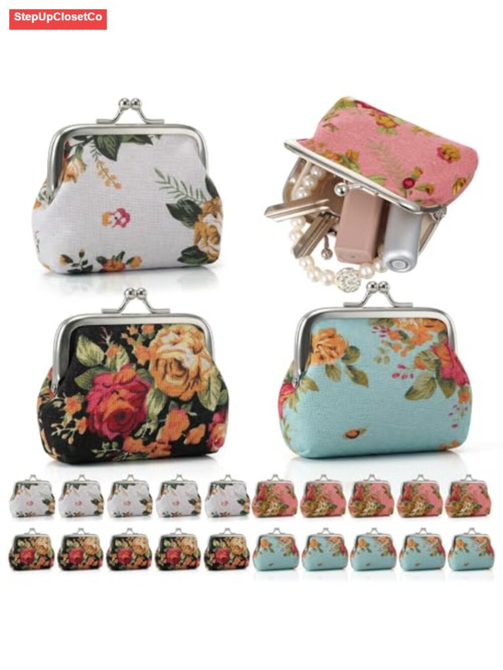 24 Pcs Floral Canvas Coin Purses Women Vintage Kiss Lock Change Pouch Set